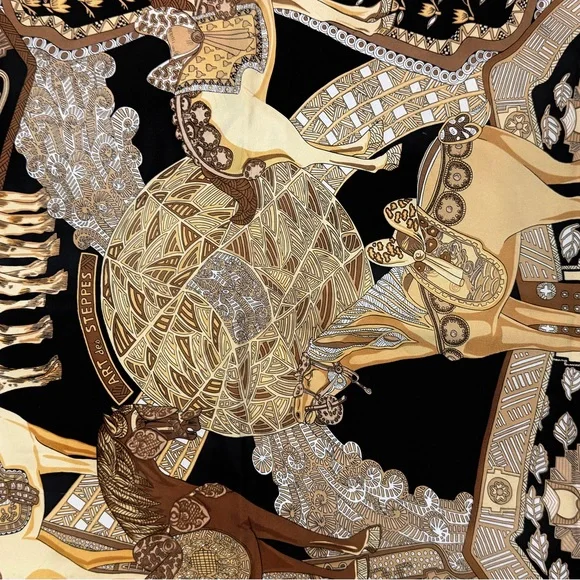 Hermes Silk Scarf in Black, Tan, Gold and White - Picture 3 of 6
